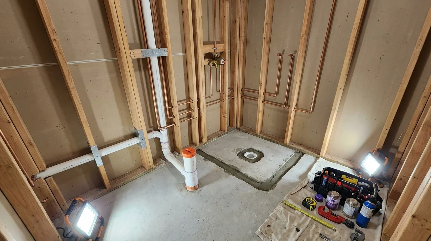Bathroom rough-in plumbing during remodel by Johns Plumbing LLC in Old Bridge