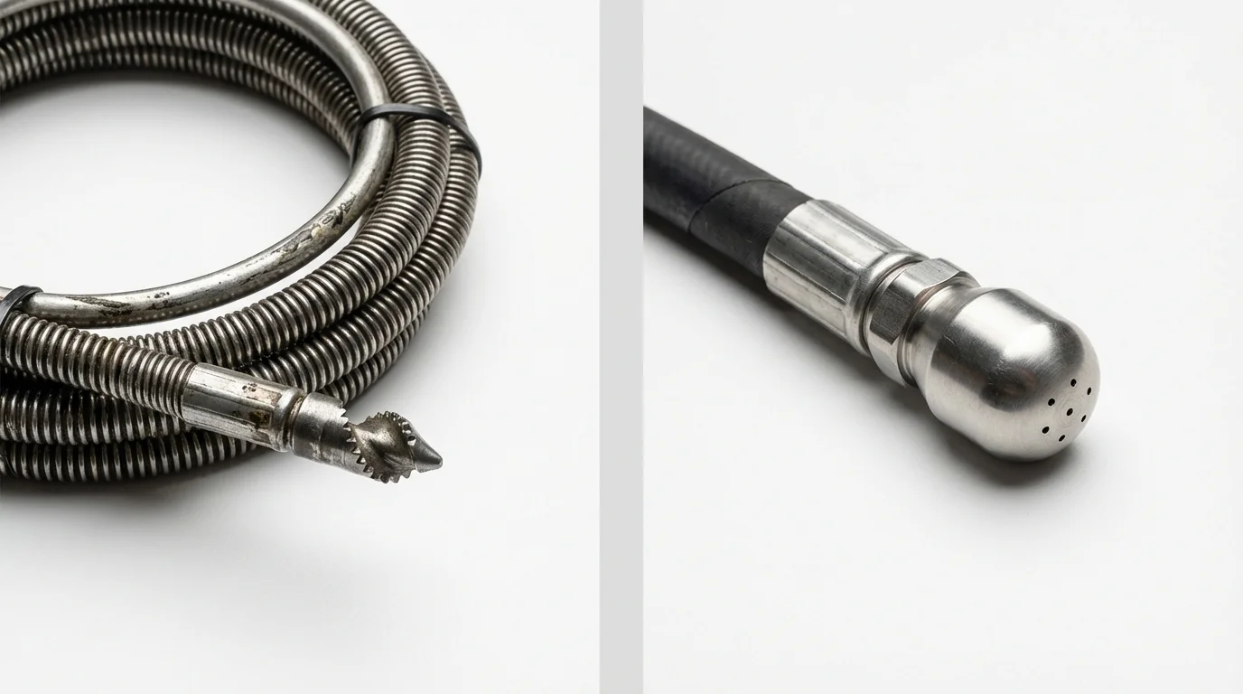 Drain snake cable and hydro jetting nozzle used for drain cleaning in Old Bridge, NJ