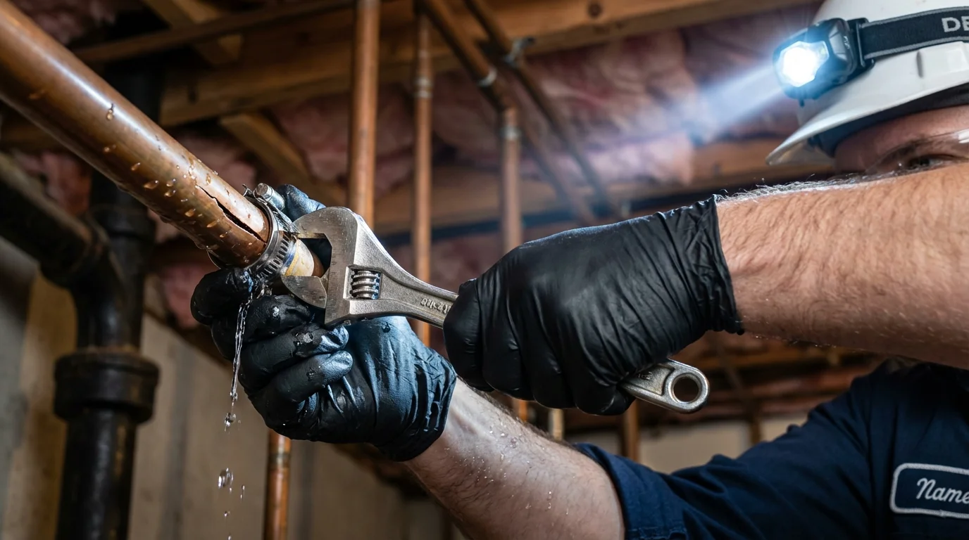 Emergency pipe clamp repair being performed by a Johns Plumbing LLC plumber in Old Bridge
