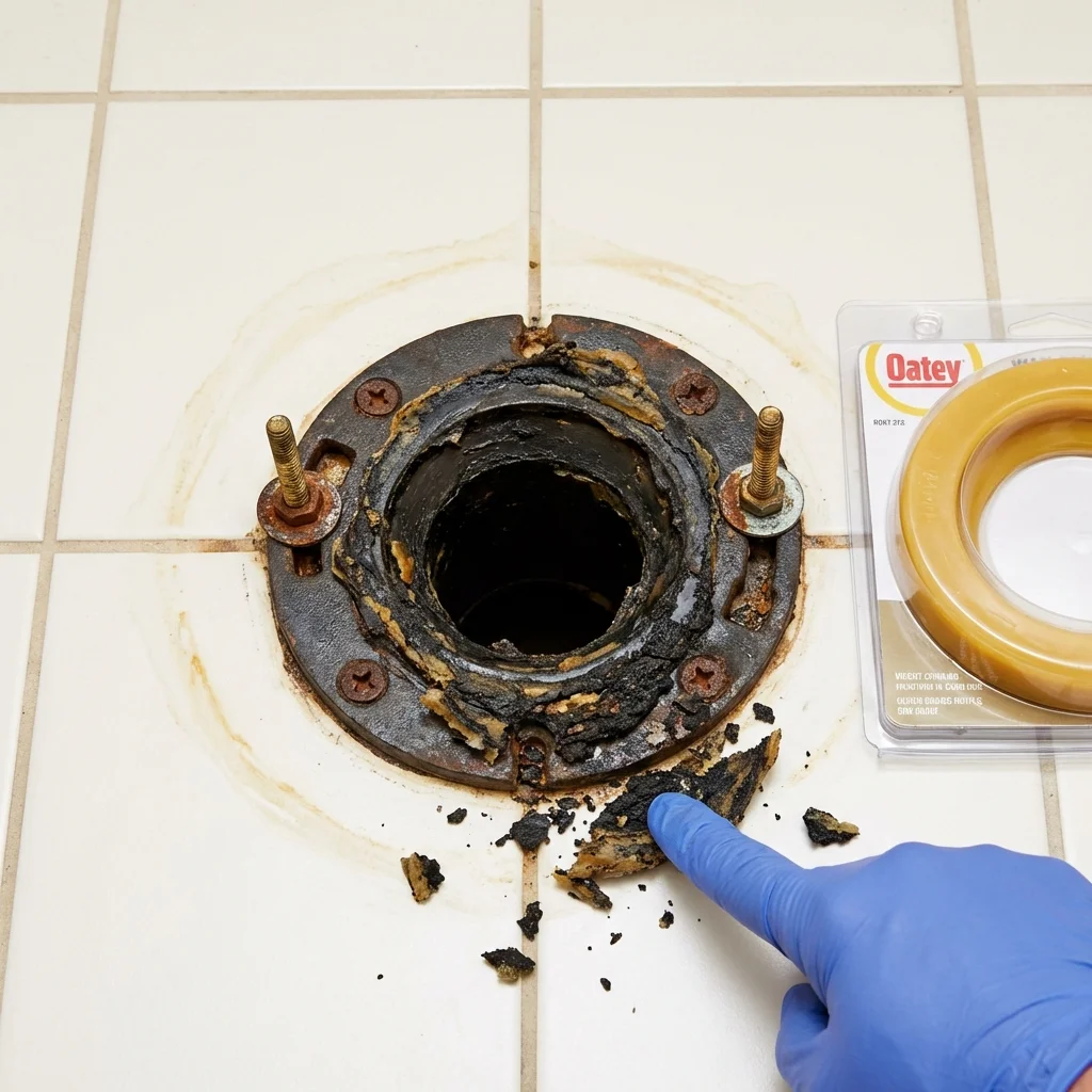 Failed wax ring showing water seepage at the base of a toilet in a Old Bridge, NJ home