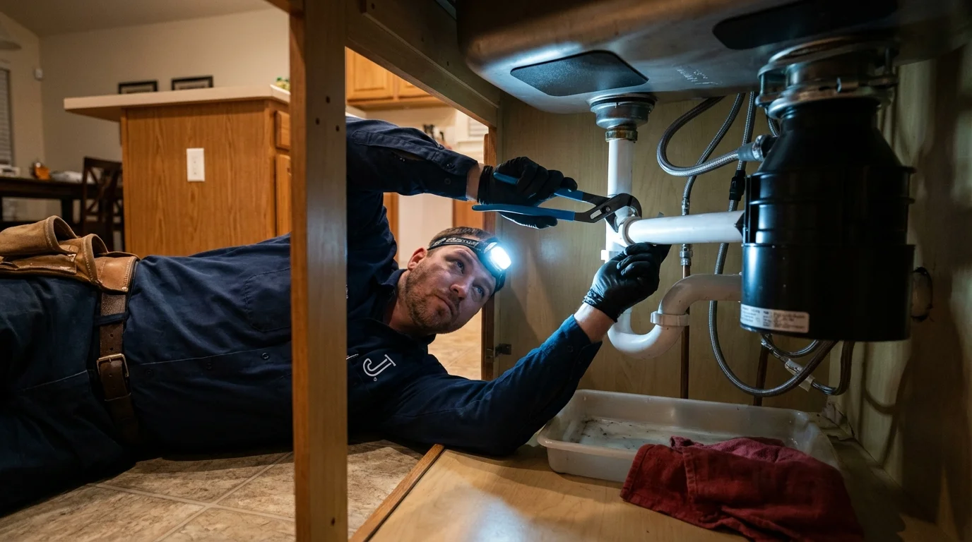 P-trap and supply line connections under a kitchen sink showing a common leak point in Old Bridge, NJ